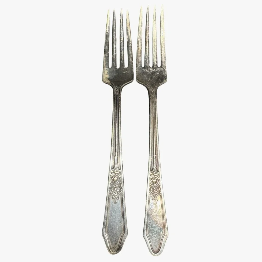 Vtg R.C. Co. Silverplate Dinner Forks Rose Pattern Sectional Set of 2 Flatware
